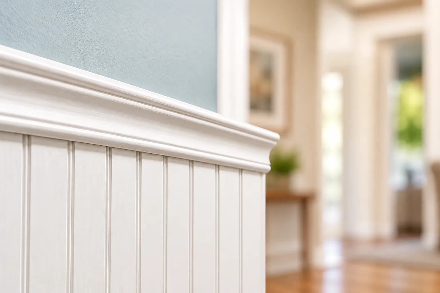 Close-up of white cap molding fitted along the top edge of white beadboard wainscoting.