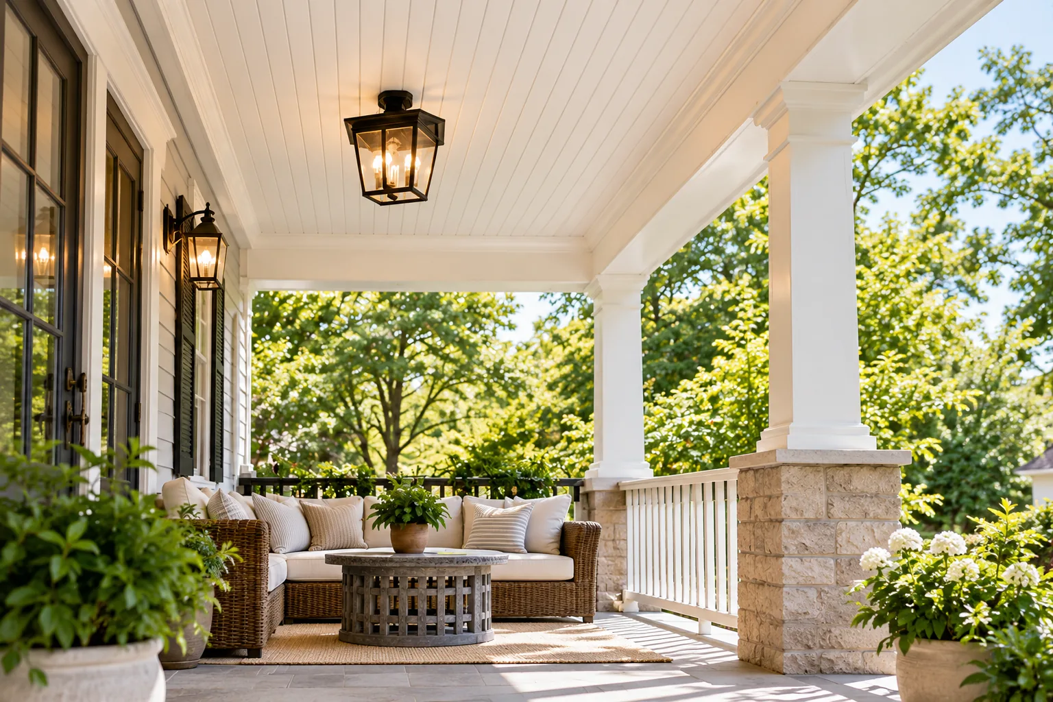 Covered porch with a white beadboard ceiling, columns, and outdoor seating.
