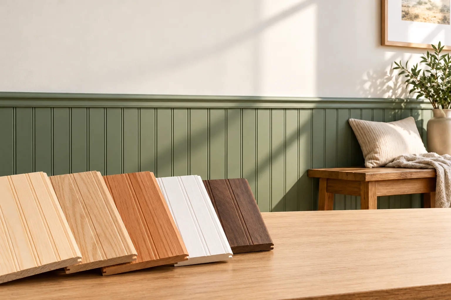 Several beadboard panel samples in different wood tones arranged on a table before sage-green wainscoting.